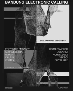 Promotional poster for Bandung Electronic Calling showing two column artist lineup event date 09 05 2026 venue WU Backroom in grayscale abstract design