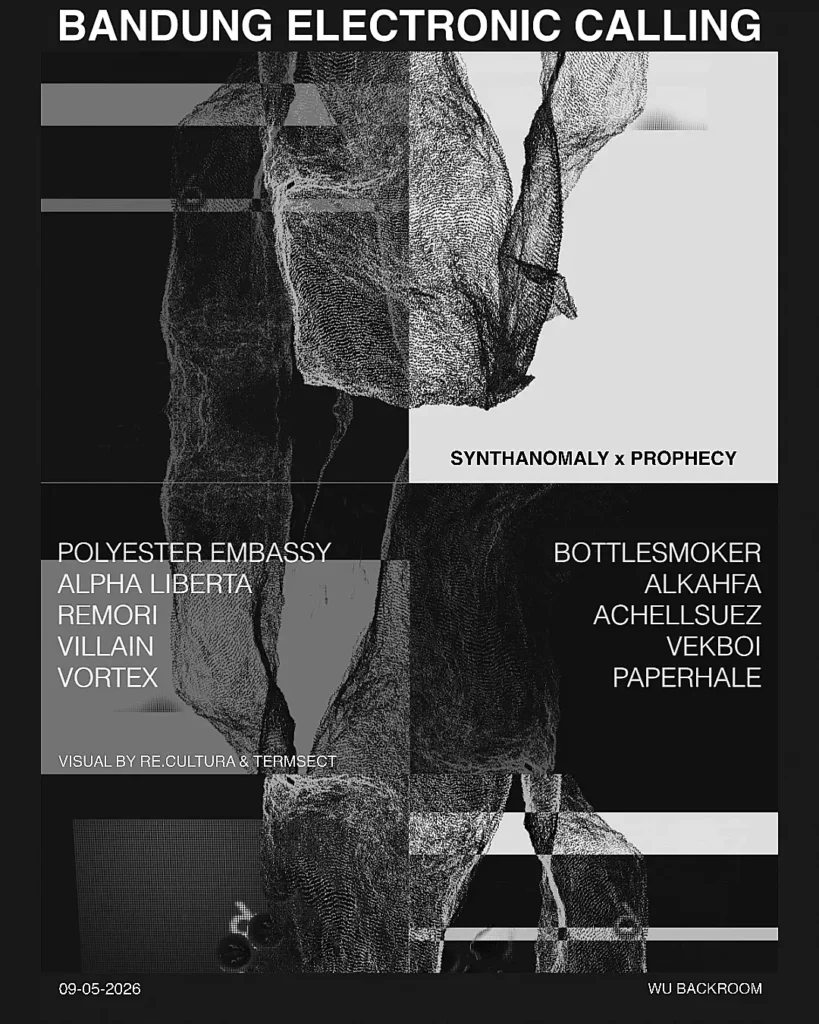 Promotional poster for Bandung Electronic Calling showing two-column artist lineup, event date 09-05-2026, venue WU Backroom, in grayscale abstract design.