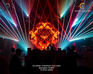 BengkelSCBDAlumniCampus13May202633result Rave Colony Club scene with orange geometric stage backdrop and laser beams silhouettes of people in the foreground event title at bottom