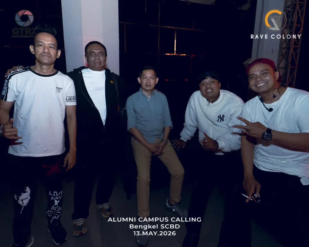 Five men pose together for a group photo at a nighttime Alumni Campus Calling event, with the date May 13, 2026 overlaid on the image.