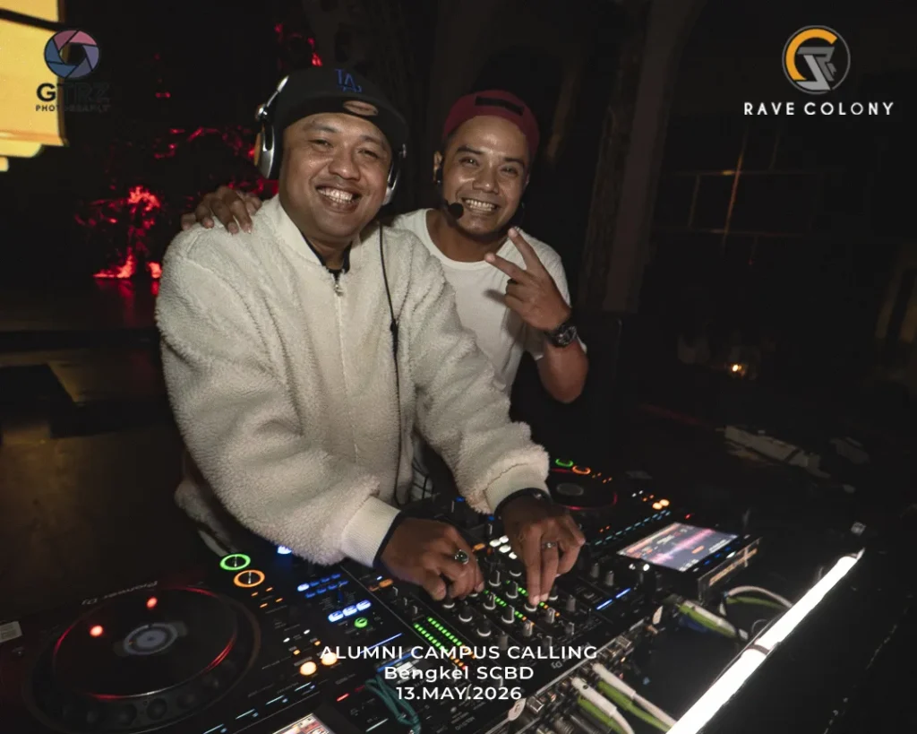 Two men DJing at a club, smiling behind a mixing console with DJ gear and lighting in the background, event text overlaid at bottom.