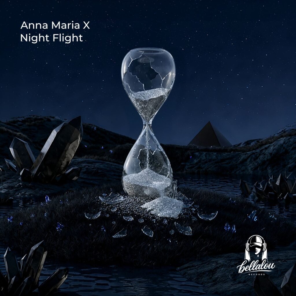 Album cover: Anna Maria X, Night Flight. A cracked glass hourglass sits in a dark, crystalline landscape under a starry night, with Bellalou Records logo.