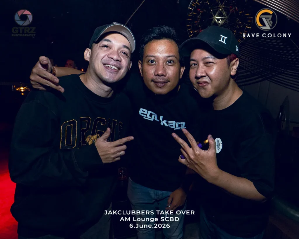 Three men posing together at a nightclub, smiling and making hand gestures, with event text overlaid: 'JAKCLUBBERS TAKE OVER ... 6.June.2026' and venue logos in the background.