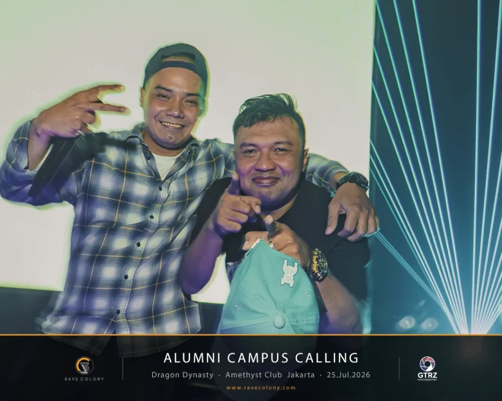 Two men posing and smiling at a nightclub event with neon laser lights; banner at bottom reads Alumni Campus Calling, Jakarta 25 Jul 2026.