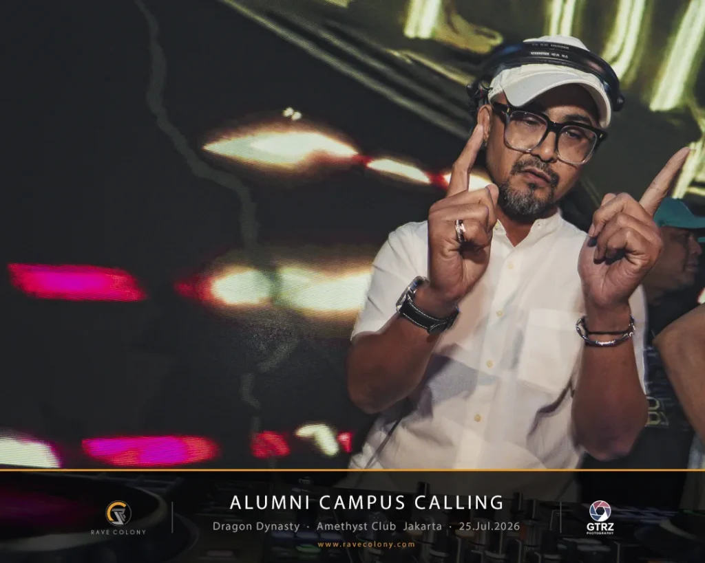 DJ wearing a white shirt, cap, and glasses on stage raises both index fingers; banner at bottom reads 'ALUMNI CAMPUS CALLING' with event details and logos.