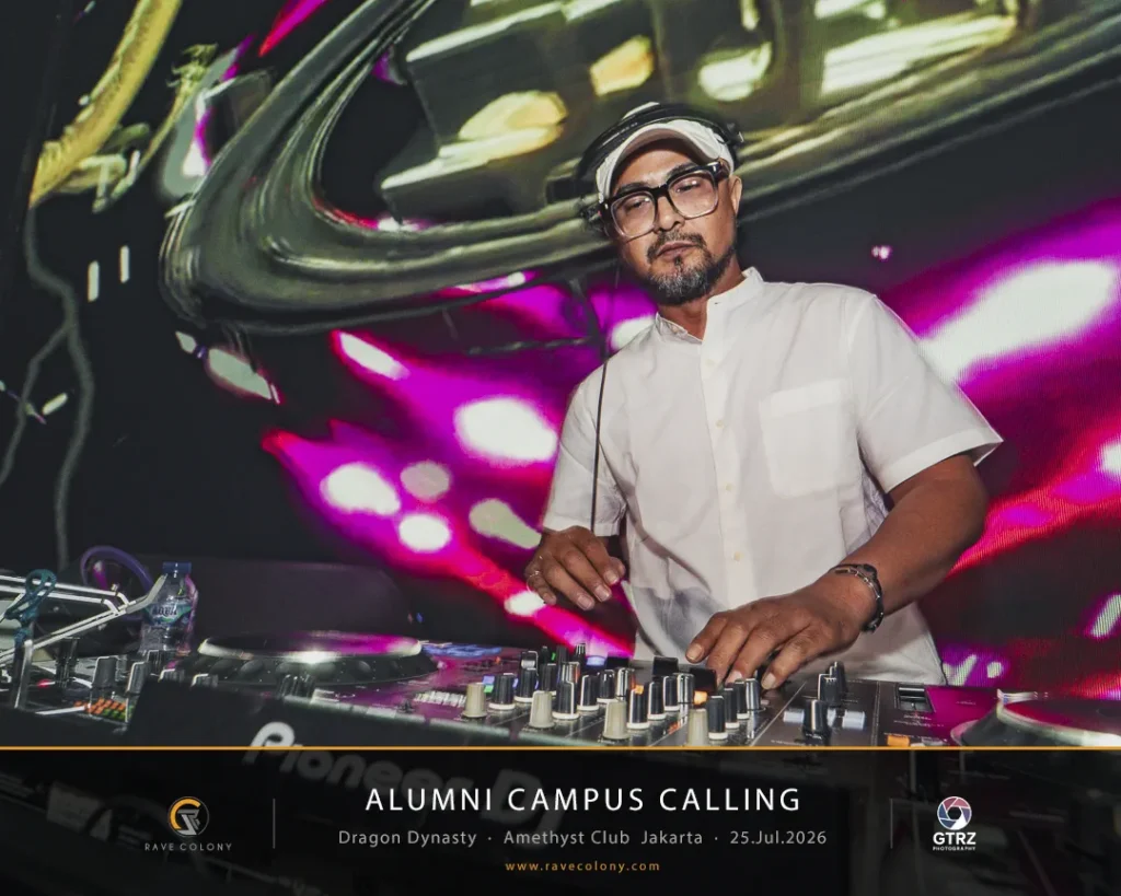 DJ wearing white shirt and cap performs at a neon-lit club, mixing tracks on a console; event title 'ALUMNI CAMPUS CALLING' with date and location in the banner