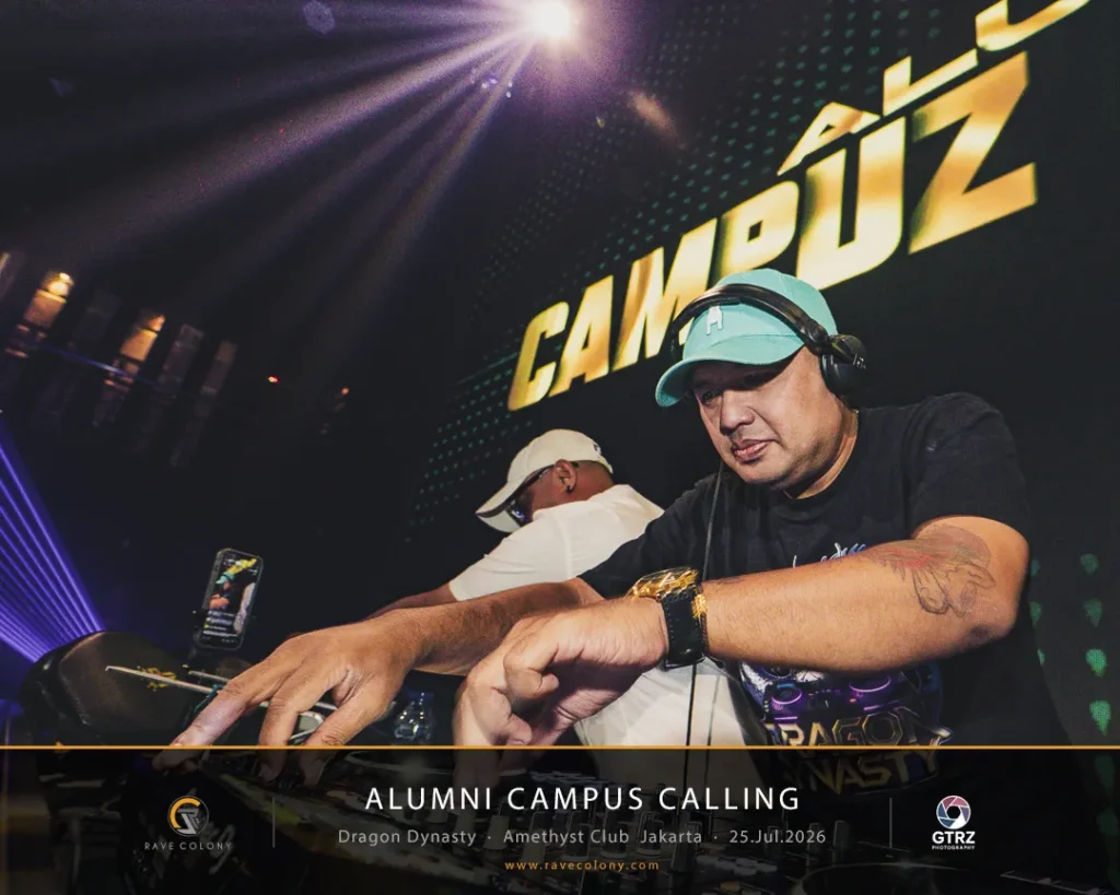 DJ wearing a teal cap and headphones performs at a club stage for the Alumni Campus Calling event in Jakarta, July 25, 2026, with sponsor logos visible.