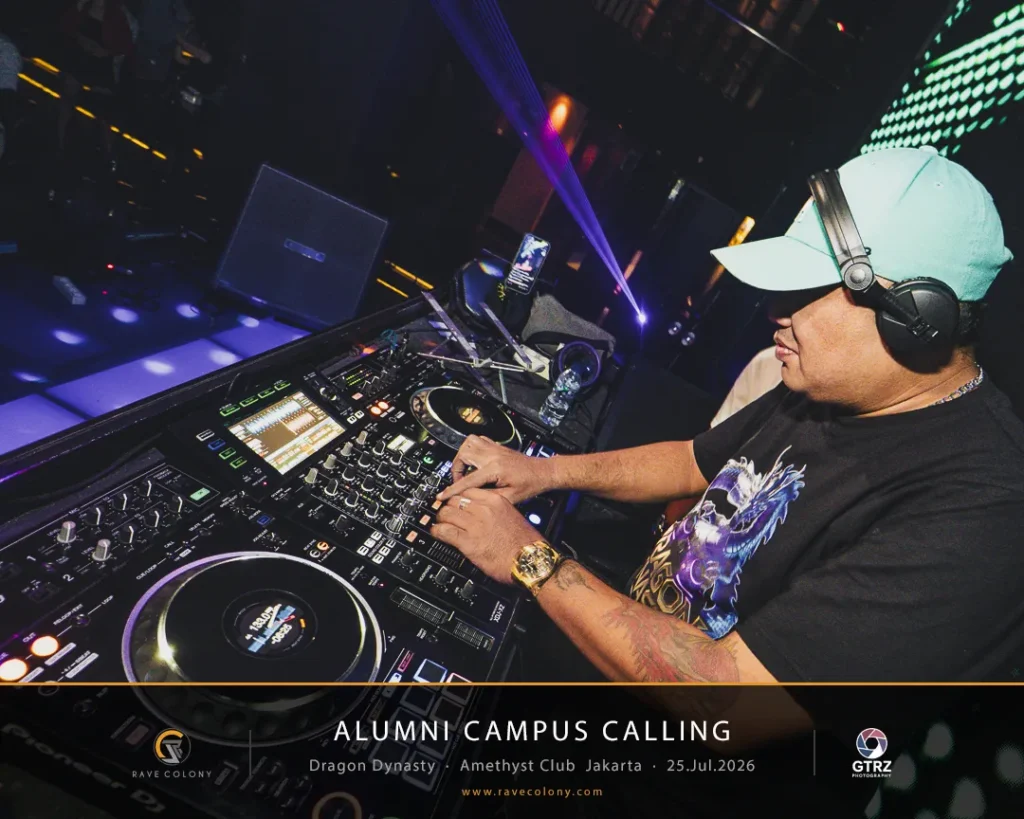 DJ performing at a nightclub booth with a mixer and headphones, banner reads 'ALUMNI CAMPUS CALLING' and event details in Jakarta, 25 Jul 2026