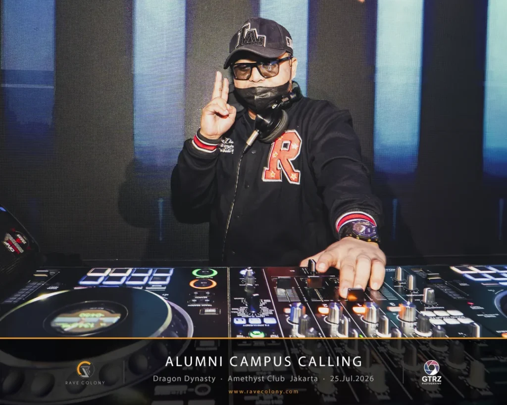 DJ at a mixer during a campus alumni event, banner reads 'ALUMNI CAMPUS CALLING' at bottom.