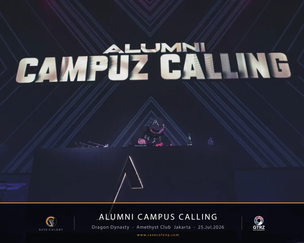 DJ performing on stage with a large 'ALUMNI CAMPUS CALLING' banner above; event branding and date shown at bottom.