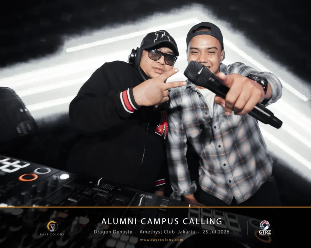 Two men at a DJ booth pose for the camera, one holding a microphone, during Alumni Campus Calling in Jakarta at Dragon Dynasty Amethyst Club (Jul 25, 2026).