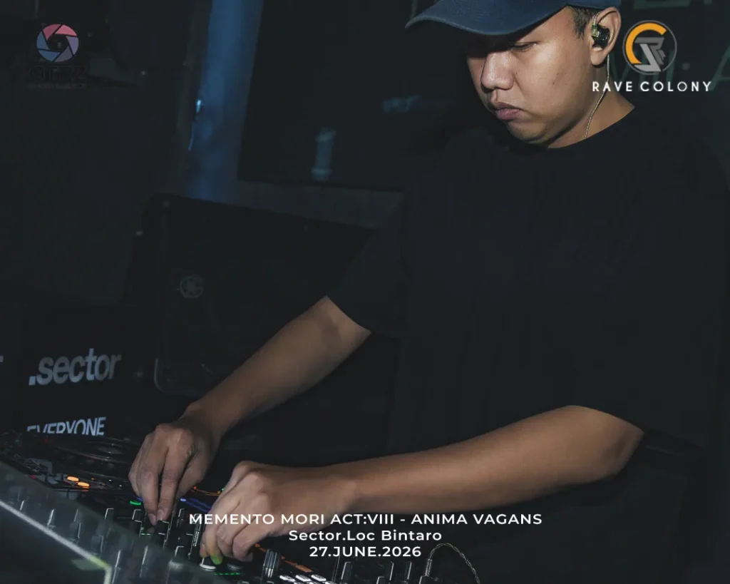 DJ in a black shirt and blue cap mixes tracks at a dim club; event title and date overlaid on the image.