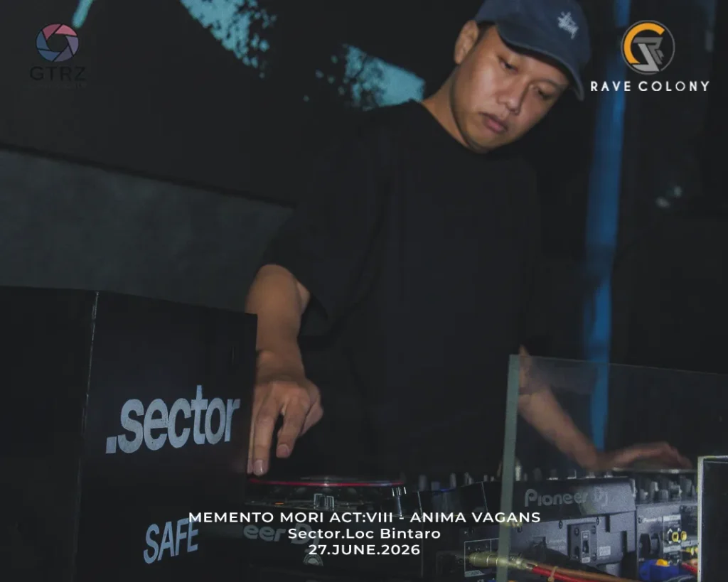 DJ in a black shirt and cap mixes on a Pioneer mixer in a dark club; logos top corners (GTRZ, Rave Colony) and overlay text with the event title and date.