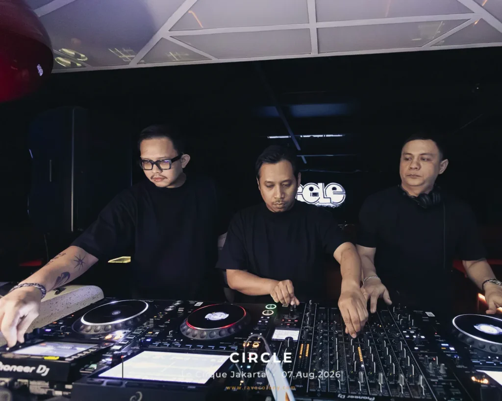 Three DJs in black shirts perform at a dim club, mixing on a Pioneer DJ setup; the 'CIRCLE' logo and event text are visible.